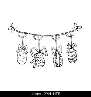 Cute hanging easter eggs composition hand drawn. Collection, set of doodle vector illustration for easter, pattern for banner, wallpaper, card. Orname Stock Vector