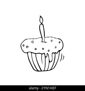 Vector illustration of an Easter cake with a candle. Isolated on a white background. Contour. Doodle. Design for easter, postcards, stickers Stock Vector