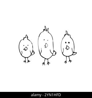 Cute cartoon chicken set. Three funny chickens in doodle style. vector illustration. Stock Vector