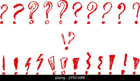 Exclamation and question marks symbols set. Red crayon hand written signs. Doodle icons collection for speech bubble emphasis important or danger Stock Vector