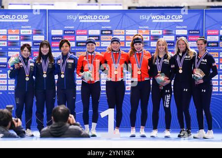 Nagano, Japan. 24th Nov, 2024. NAGANO, JAPAN - NOVEMBER 24: Miho Takagi, Momoka Horikawa, Ayano Sato of Japan, Marijke Groenewoud, Joy Beune, Antoinette Rijpma-De Jong of The Netherlands, Greta Myers, Mia Manganello, Brittany Bowe of USA during the medal ceremony after competing on the Team Pursuit Women during the ISU World Cup Speed Skating at the M Wave Stadium on November 24, 2024 in Nagano, Japan (Photo by Andre Weening/Orange Pictures) Credit: Orange Pics BV/Alamy Live News Stock Photo