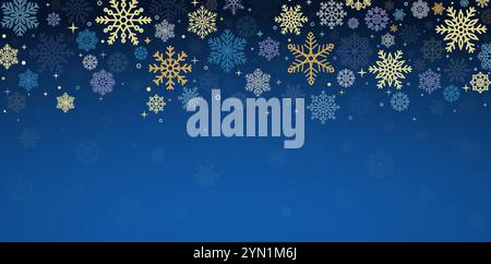 Falling snowflakes on a dark blue background. Scattered colored snowflakes with stars. Winter snowfall. Stock Vector