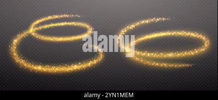 Golden dust trail with glitter and stars. Christmas round wave magic shimmer trail of glowing particles on transparent background. Stock Vector