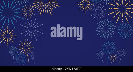 Colorful exploding fireworks on blue background. Festive salute. Stock Vector