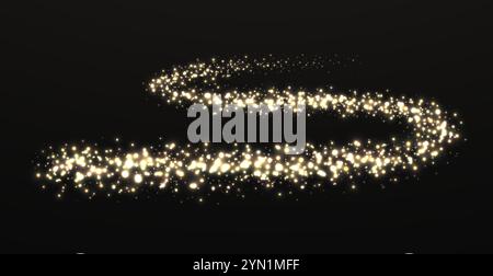 Golden wave sparkling dust trail on dark background. Festive glowing shimmering path of glitter particles. Stock Vector