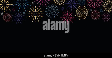 Colorful exploding fireworks on dark background. Festive salute. Stock Vector