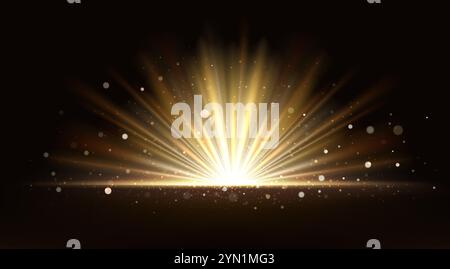 Bright golden flash with rays of light, glare, dust. Lighting effect, sun rays, star on dark background. Stock Vector