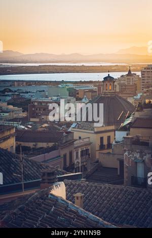 View to the top dome of the Church Of Saint Anthony The Abbot in Cagliari, Sardinia, Italy. Scenic view at sunset to the beautiful landmark. Stock Photo