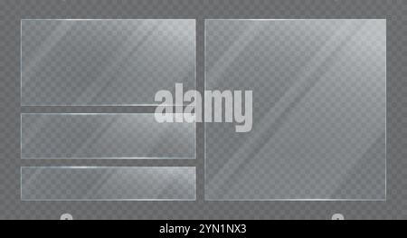 Transparent glass flat banner plate. Set of empty shining frames, showcases. Stock Vector