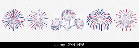 Colorful exploding fireworks on transparent background. Set of different fireworks with red, blue colors. Stock Vector