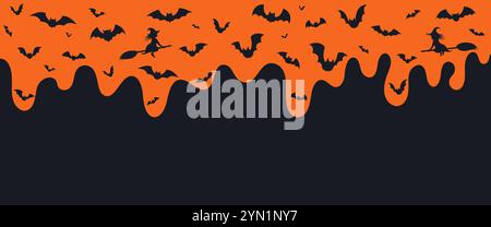 Halloween banner with flying bats and witches on black and orange background with space for text. Stock Vector