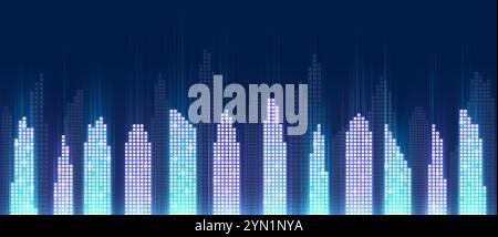 Smart city, digital pixel concept of futuristic cityscape. Intelligent technology neon city background, global communication, internet connection. Stock Vector