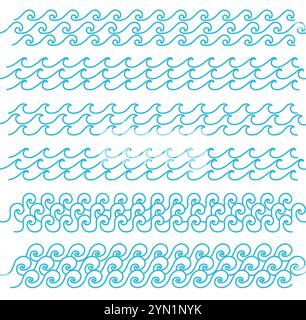 Blue moving sea waves water lines. Ocean water splash, sea tide, storm waves on white background. Stock Vector