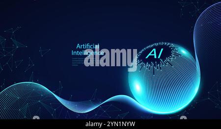 Artificial intelligence, global network connection. Light electric lines connecting dots and lines. Futuristic machine learning design. Stock Vector
