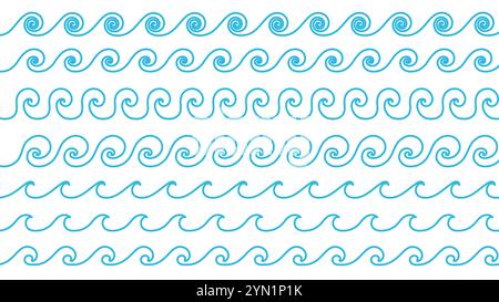 Blue moving sea waves water lines. Ocean water splash, sea tide, storm waves on white background. Stock Vector