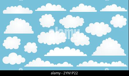 Set of White fluffy cloud flat design. Cartoon clouds on blue background. Stock Vector