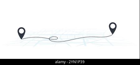 Route map with navigation pins. Street map with markers between two locations. GPS navigation, road map. Stock Vector