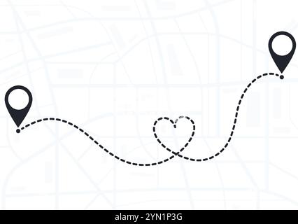 Route map with navigation pins. Street map with markers between two locations. GPS navigation, road map. Stock Vector