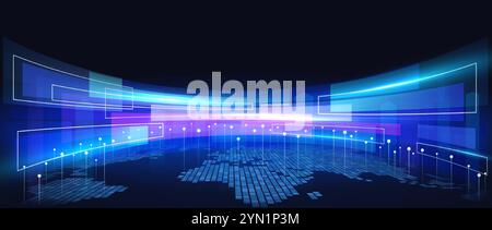 Abstract digital futuristic background of network connections, big data transfer. Innovative future technologies, internet connection. World map with Stock Vector