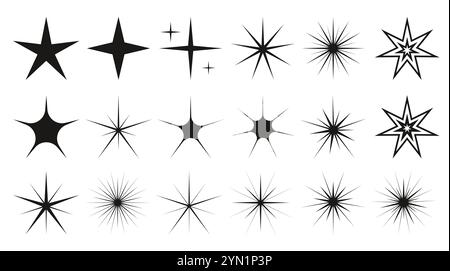 Set of twinkling sparkling stars, glowing flashes. Collection of bright light sun rays, sparks. Stock Vector