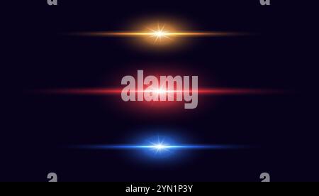 Light laser lines with bright beams. Abstract neon light with flash, glare effect of red, blue, orange color. Stock Vector