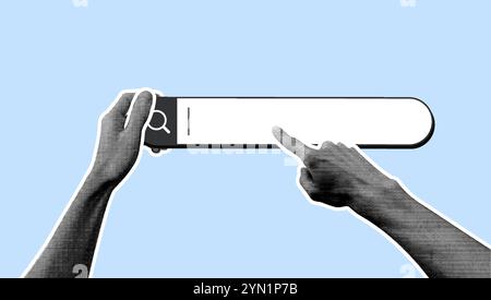 Search bar with pointing hand in halftone collage style. Searching for information in website browser window, SEO marketing concept. Stock Vector