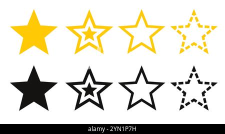 Set of gold, black stars with different variants on white background. Collection of rating icons. Stock Vector
