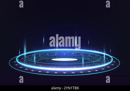 Empty bright blue circular portal scene in futuristic style. Glowing energetic light round hologram. Stock Vector