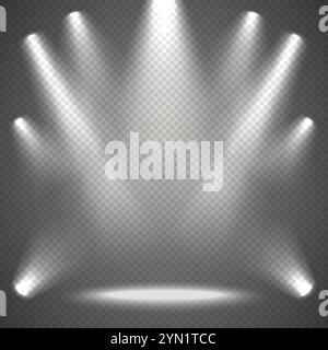 Spotlights with light beams. Bright lighting of the concert stage, beam flashes, transparent luminous effects. Stock Vector