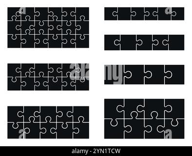 Puzzle pieces of 6, 5, 4, 8x2, 10x2, 12x2, 18x3 isolated  on white background. Jigsaw puzzle game vector template. Stock Vector