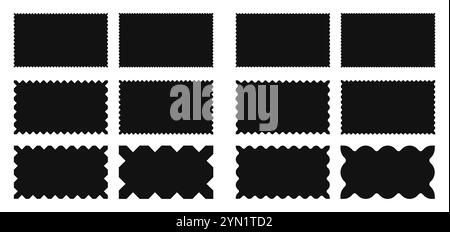 Rectangular frames with wavy corners. Set of blank coupon borders, labels, stamps for letters and envelopes in black colors on  white background. Stock Vector