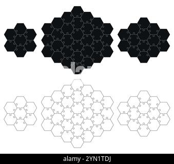 Puzzle pieces 7, 30, 14 isolated on white background. Vector mockup of hexagonal jigsaw with right angles Stock Vector