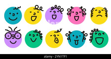 Colorful expressions of smiling faces with curly hair. Cute comic characters with various facial gestures. Stock Vector