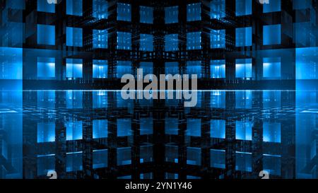 mesmerizing digital design features blue cubes arranged in a grid, creating reflections in a dark, futuristic environment. Light plays off the surface Stock Photo
