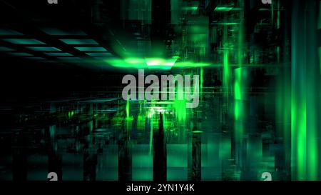 vibrant digital environment features abstract geometric shapes illuminated in green hues. 3d render Stock Photo