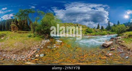 360° view of panorama near river in sunny summer day. Full 360 degree ...