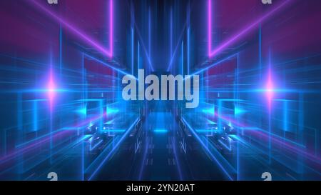 captivating digital light tunnel showcases bold blue and purple neon hues, creating an immersive experience of depth and movement, reminiscent of futu Stock Photo