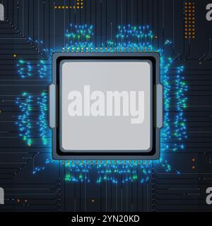 detailed view of a circuit board showcasing a central processor surrounded by vibrant blue lights. dark background highlights the intricate electronic Stock Photo