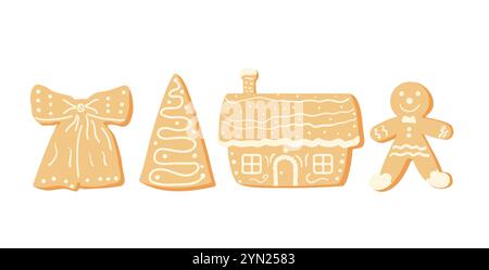 Christmas gingerbread cookies set. Bow, Christmas tree and gingerbread man with house sweets collection. Festive decorated baking collection. Vector i Stock Vector