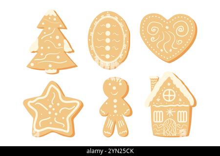 Christmas gingerbread cookies set. Homemade star, Christmas tree and gingerbread man with house sweets collection. Festive frosted baking. Vector illu Stock Vector