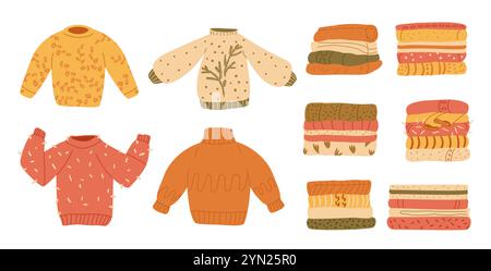 Autumn sweaters and stack of warm home textile and clothes set. Cozy apparel pack. Vector flat illustration isolated on white background. Stock Vector