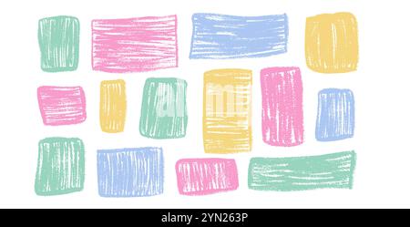 Crayon rectangle shape for text. Chalk blank templates. Scribble naive style geometric elements. Square frames for collage. Hand drawn vector illustra Stock Vector