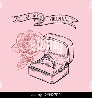 Be my valentine, card sketch engraving for valentine's day. A rose and a ring Stock Vector