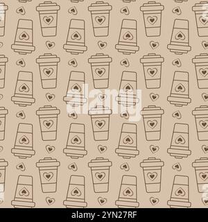 Disposable cups with hearts Seamless Pattern in trendy monochrome soft brown. Coffee Day background. Isolated Vector illustration Thematic or greeting cards, Wallpaper, wrapping or web promo, leaflets Stock Vector