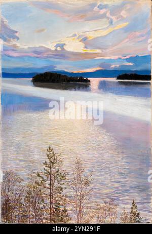 Järvimaisema (Lake Landscape) by Finnish artist Akseli Gallen-Kallela (1865-1931) painted in 1901 showing a serene Finnish lake view at sunset with silhouetted islands and pine trees in the foreground. Credit: Finnish National Gallery / Universal Art Archive Stock Photo