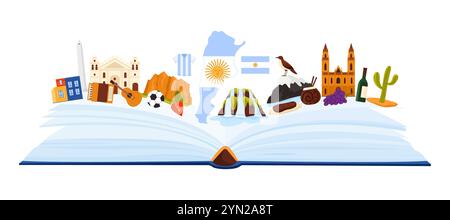 Argentina culture elements, language and landmarks study in infographic collage poster with open guide paper book for tourism, nature and monuments, musical instruments cartoon vector illustration Stock Vector