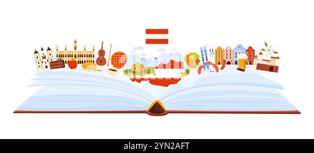 Austria culture elements and nature of Alps, landmarks and language study in infographic collage banner. Open big book and Alpine village, houses and castles, food and beer cartoon vector illustration Stock Vector