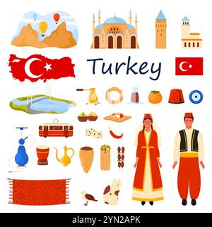 Travel to Turkey set. Turkish people and food menu of Istanbul, map and flag of country, culture elements and famous historical landmarks, Cappadocia rocks and doner kebab cartoon vector illustration Stock Vector