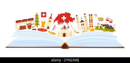 Travel to Switzerland, travel guide attractions on open book pages in infographic collage. Swiss flag and map, penknife and red train on bridge, Church and Clock Tower cartoon vector illustration Stock Vector