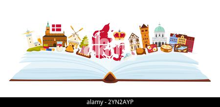 Culture elements and landmarks emblem of Denmark, language study in infographic collage with open paper book and kings crown, Danish map and flag, windmill and viking ship cartoon vector illustration Stock Vector